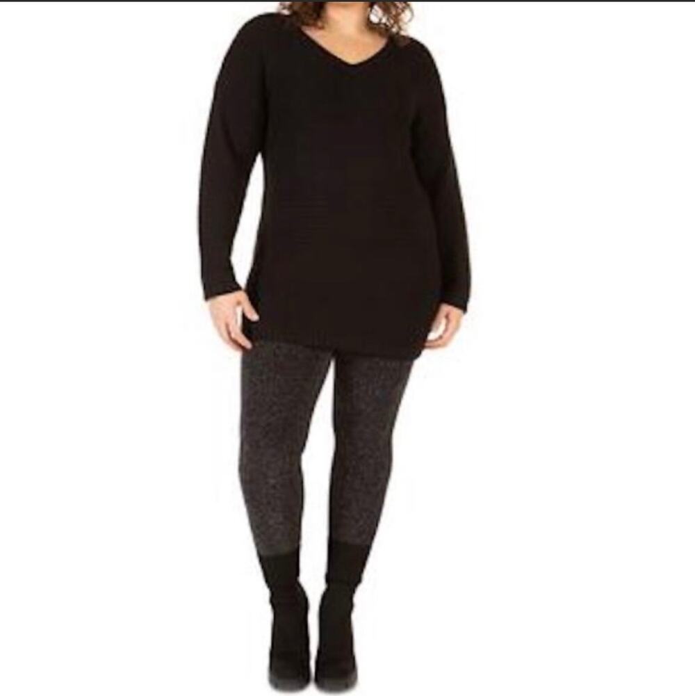 New Black Tape_ Size 0X Black Knit Long Sleeve V-Neck Short Sweater Dress Tunic